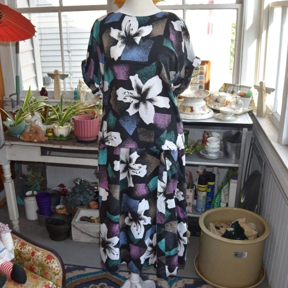 Vintage 90s Jessica Scott Floral Top Maxi Skirt Set Black White Size Large